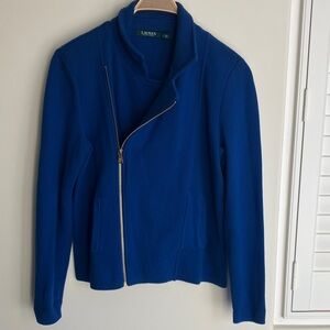 Ralph Lauren Vibrant Blue Knit Moto Jacket w/ Gold Zipper Women’s Size L EUC